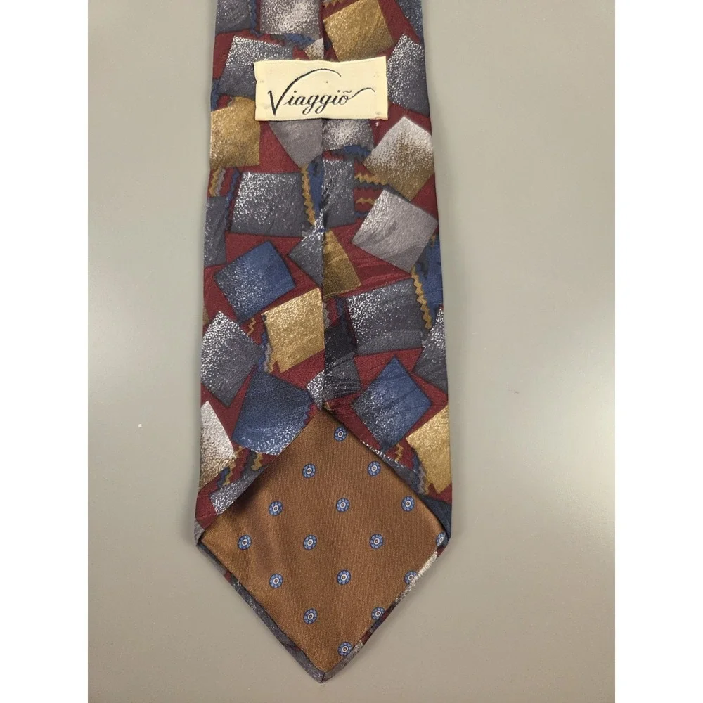 Vintage Viaggio 100% Silk‎ Necktie Red Blue Gray Gold Silver